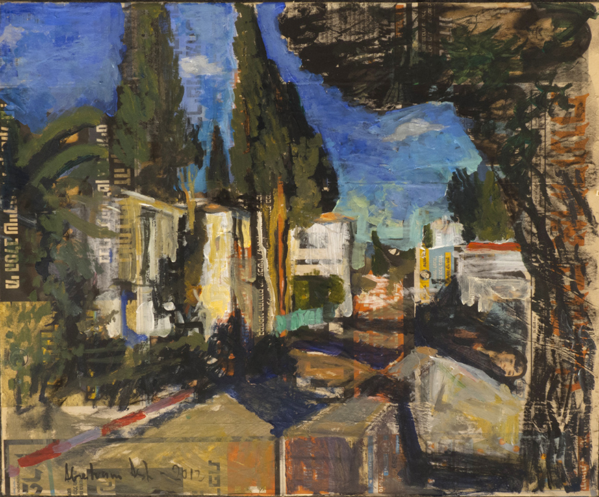 Evening in Jerusalem 2012. 60 x 50 cm.acrylic on the newspaper pasted on canvas