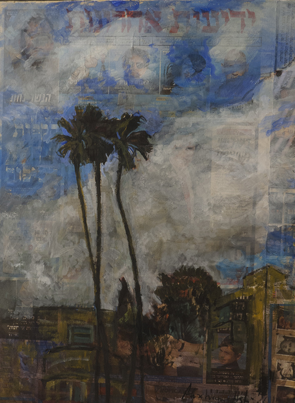 Three palm trees.Ierusalim. 2012. 70 x 60 cm. acrylic on the newspaper pasted on canvas